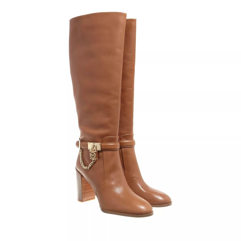MICHAEL Michael Kors HAMILTON Embellished Leather Boot Heel Shoe Luggage 8 M